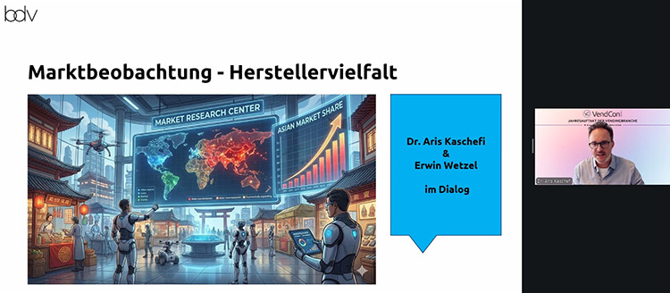 BDV-Geschäftsführer Aris Kaschefi und weitere Marktexperten beleuchteten während der digitalen Fachkonferenz Vendcon die aktuellen Entwicklungen im Vending-Markt. Screenshot: VendingSpiegel