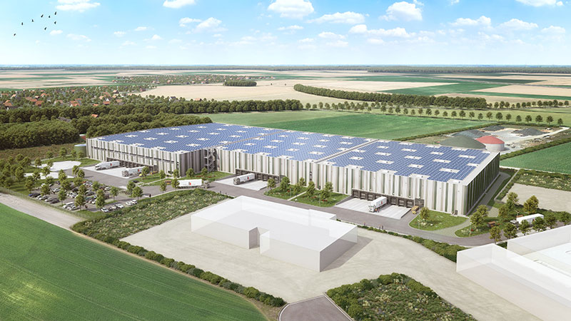 Die Visualisierung zeigt, wie die für 2025 geplante 24.000 Quadratmeter große Logistikimmobilie von Coca-Cola Europacific Partners Deutschland im Gewerbepark Bockenem aussehen soll. Foto: Bauwo