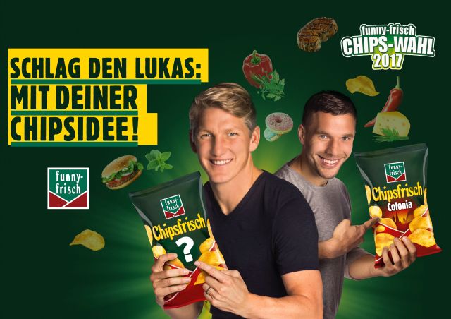 Unter dem Motto „ Schlag den Lukas“ geht es bei der diesjährigen Funny-frisch-Chips-Wahl darum, mit einer neu kreierten Sorte die Chips Colonia von Fußballprofi Lukas Podolski (r.) zu schlagen. Foto: Intersnack