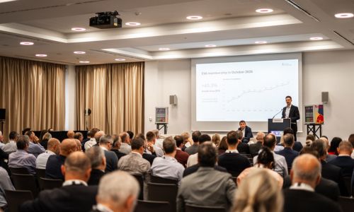 Zwei Vertreter des Verbands EVA stehen auf einer Bühne in einem voll besetzten Konferenzsaal.