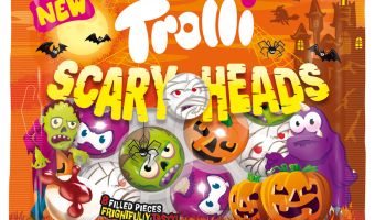 Die Abbildung zeigt eine 150-Gramm-Packung der Süßware Scary-Heads des Herstellers Trolli.