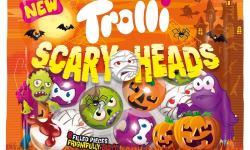 Die Abbildung zeigt eine 150-Gramm-Packung der Süßware Scary-Heads des Herstellers Trolli.
